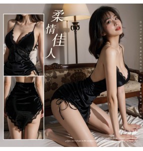 FEE ET MOI - Deep V Open Back Irregular Nightdress (Black)